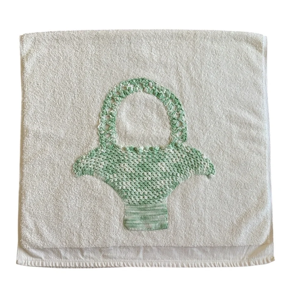 Vintage Embroidered Bath Towel Basket Crochet Variegated